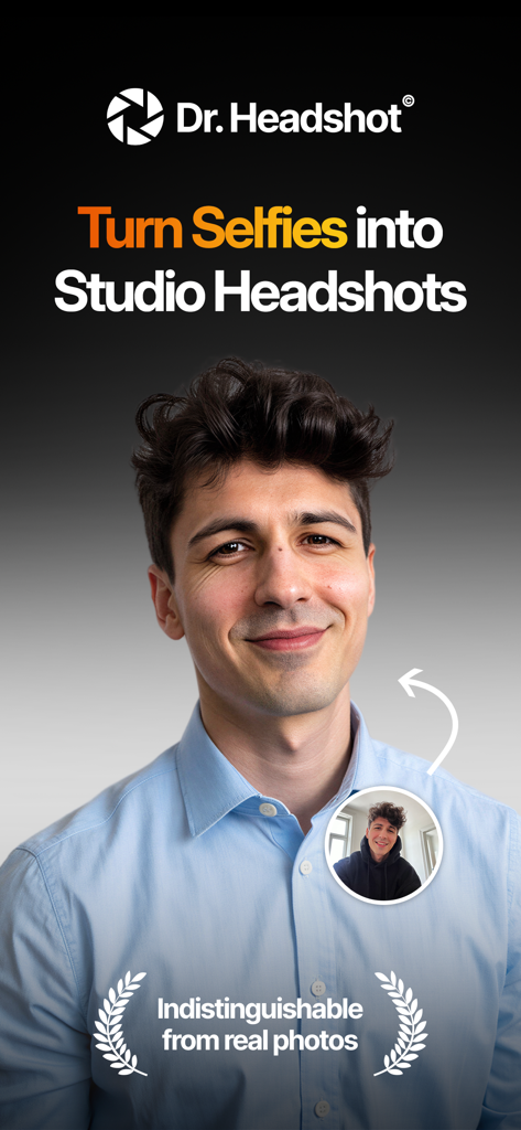 AI app transforming a casual hoodie selfie into a high quality corporate headshot in a blue button down shirt.