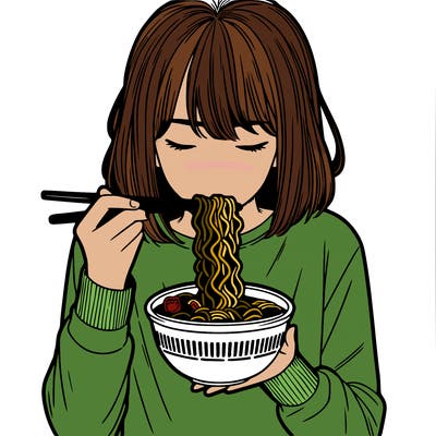 a girl realistic eating ramen noodles