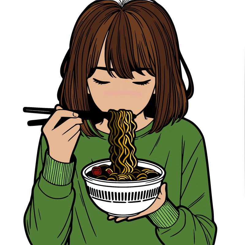 a girl realistic eating ramen noodles
