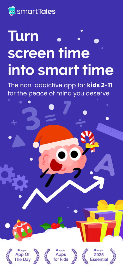 Promoção do aplicativo de jogos de aprendizado Smart Tales com um personagem de cérebro em um chapéu de Papai Noel e símbolos educacionais