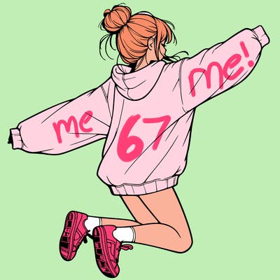 realistic girl jumping with a bun and oversized sweatshirt