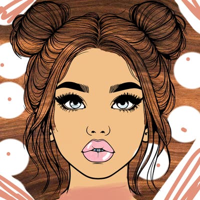 realistic girl with two buns on her hair and lips