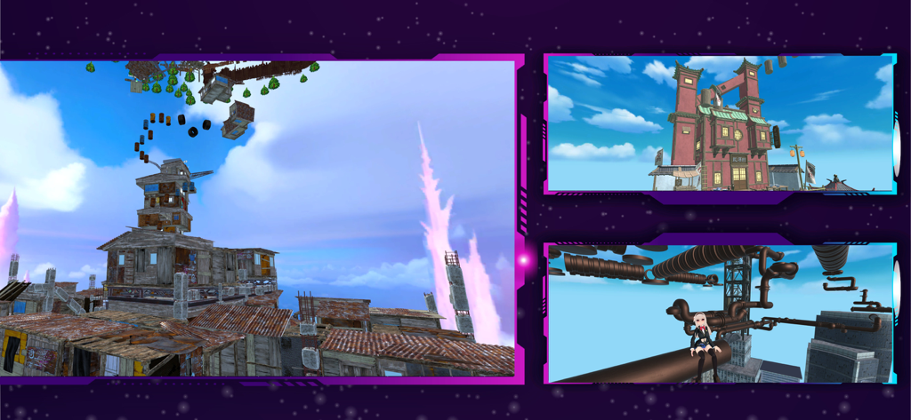 Only Parkour : Climb Up & Jump - Eine Sammlung von Screenshots von Nur Parkour, die schwebende Plattformen, Industrierohre und ein traditionelles rotes Gebäude im Himmel zeigen.