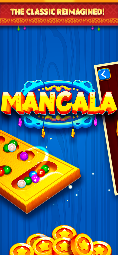Mancala Online title screen featuring a wooden board with colorful pebbles and gold coins