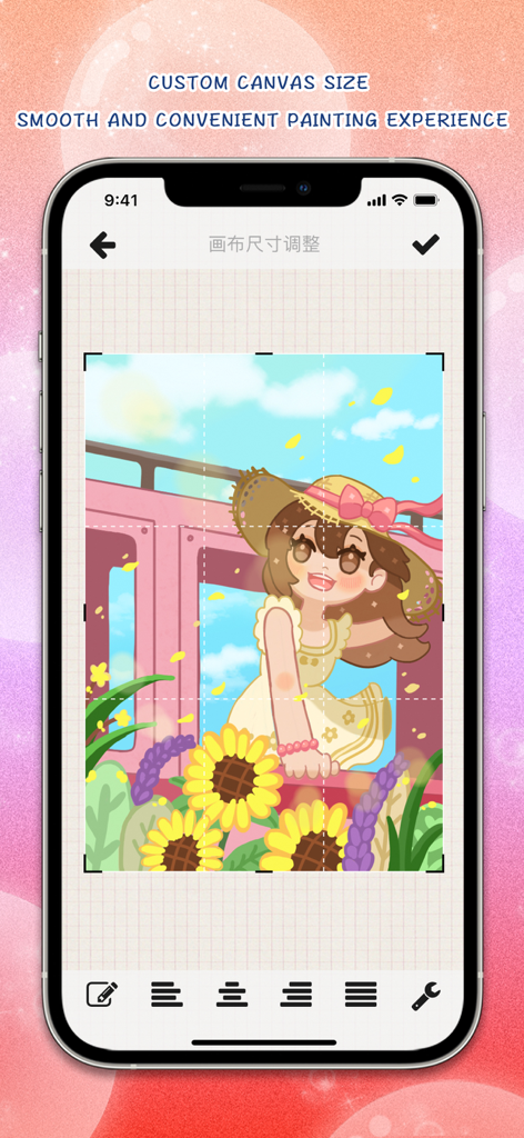 Pw Drawing Pad app interface showing custom canvas size adjustment and a colorful digital illustration