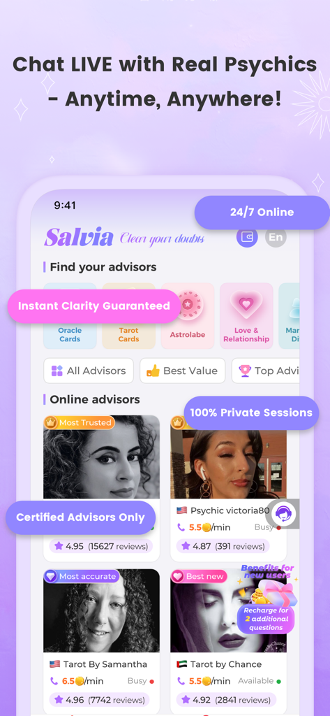 Salviaアプリのメイン画面。ライブチャットとタロット占いのためのオンライン占い師のディレクトリが表示されている。