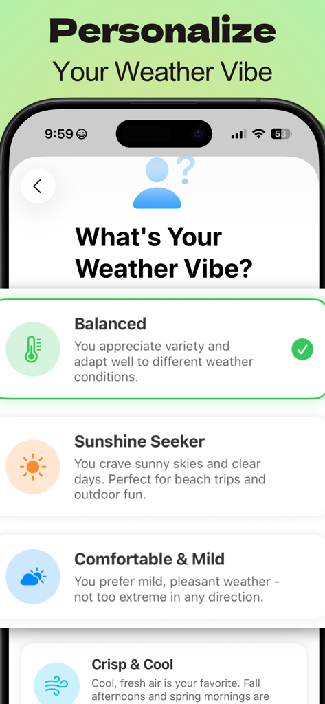WxNmbr app screen showing weather personality options like Balanced and Sunshine Seeker for personalization.