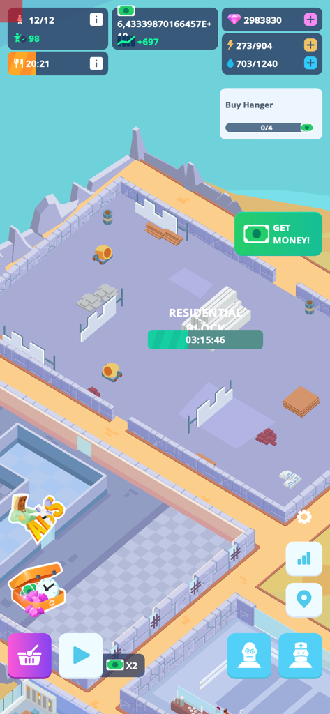 Isometric view of a residential block under construction in Idle Mental Hospital Tycoon game