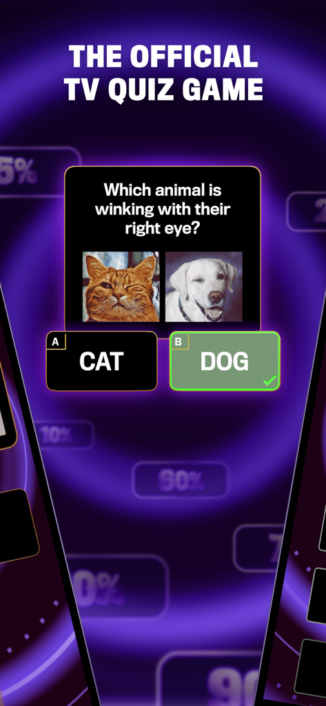The 1% Club TV Show Quiz Game - Logic puzzle screen from The 1 Percent Club TV Show Quiz Game app asking which animal is winking.