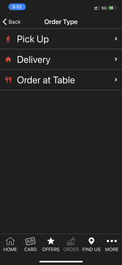 Tela do aplicativo Burger Urge mostrando opções para Retirada, Entrega e Pedir na Mesa.