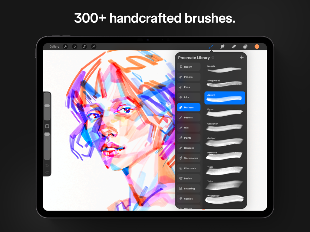 Procreate app on iPad showing a colorful digital portrait and the brush selection menu.