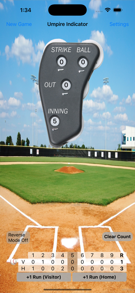 Digital umpire clicker and score tracker display over a baseball field background