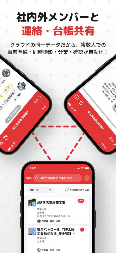 工事写真・電子小黒板 -ミライ工事写真-スマホ完結の写真台帳 - Drei Smartphones zeigen die Kollaborationsfunktionen und Projektlisten der Miraikoji Bau-App