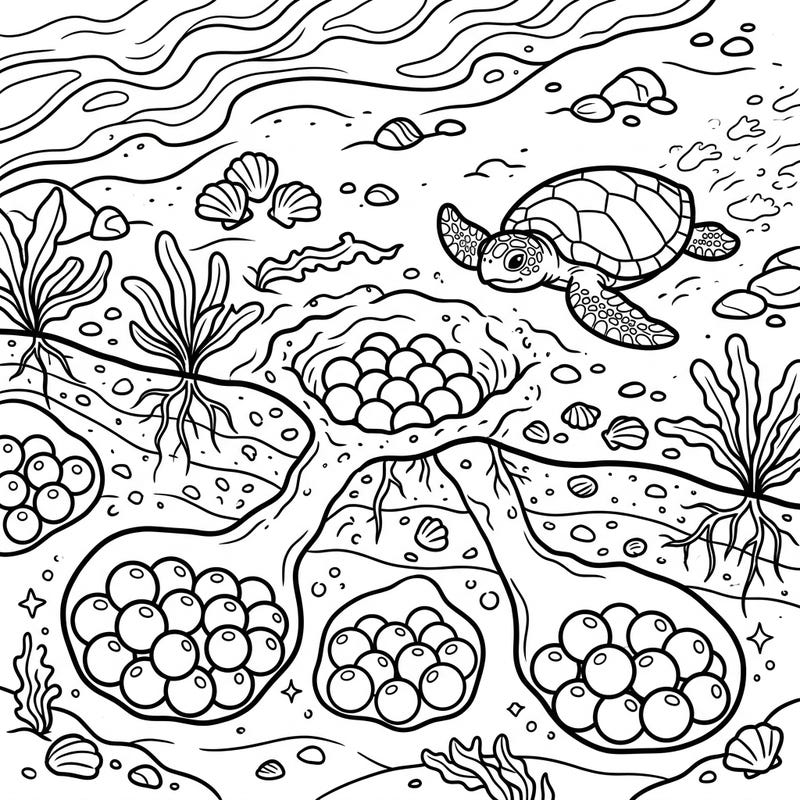 Journey to the sandy shores and discover the hidden world of sea turtle nests with this engaging coloring page. Perfect for young artists, this design introduces kids to the incredible life cycle of sea turtles.
