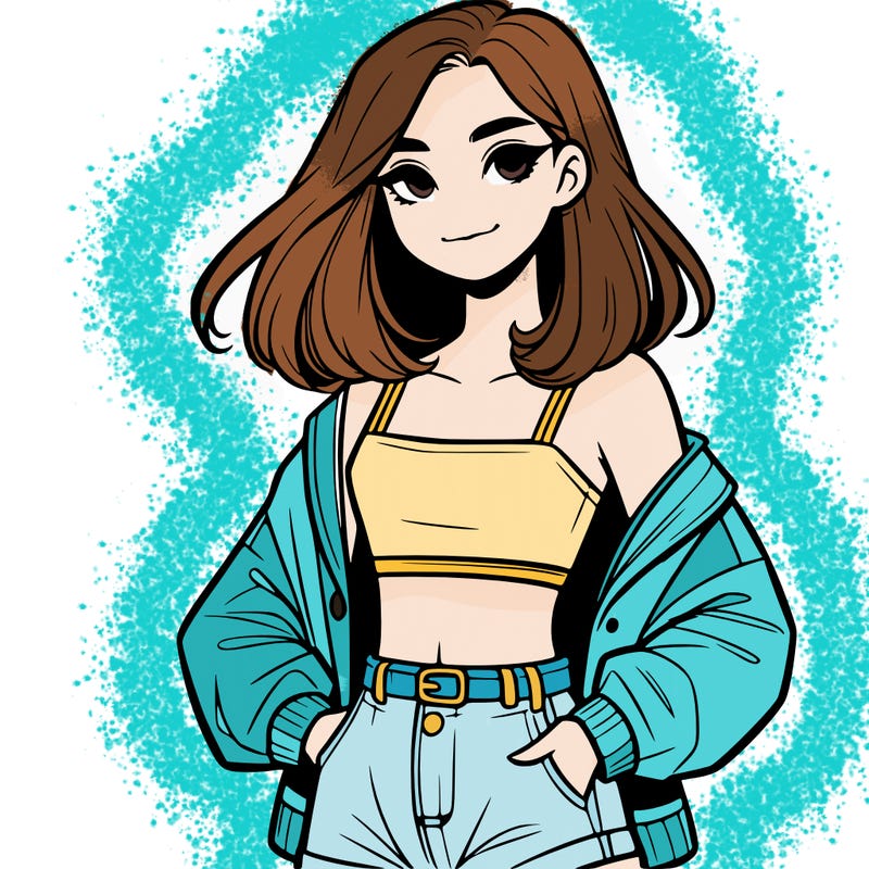 a realistic girl with a crop top and short shorts in an open jacket