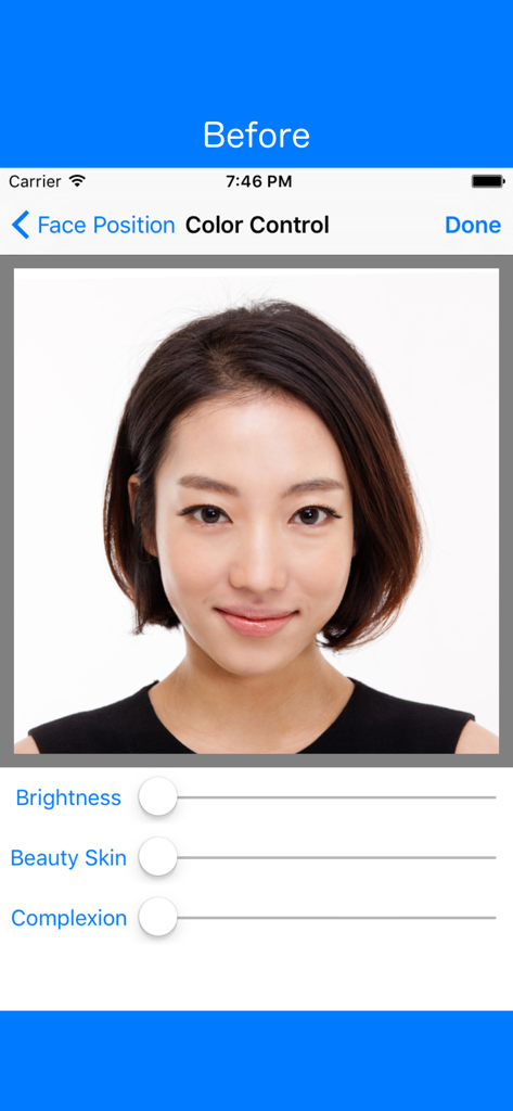 Interface do usuário para retoque de pele e ajuste de brilho no aplicativo criador de fotos de documentos