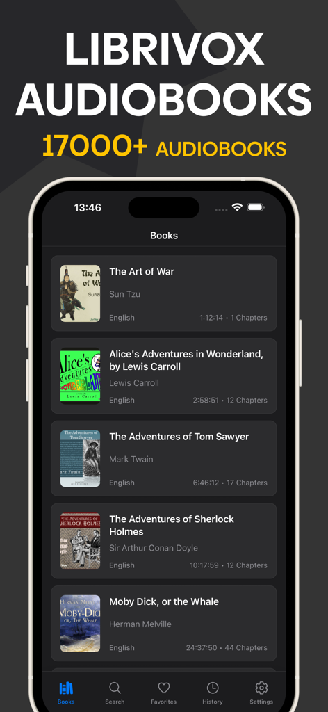 Librivox - Library audio books - Smartphone screen displaying Librivox app with a list of classic free audiobooks in dark mode including titles like Moby Dick and Sherlock Holmes.