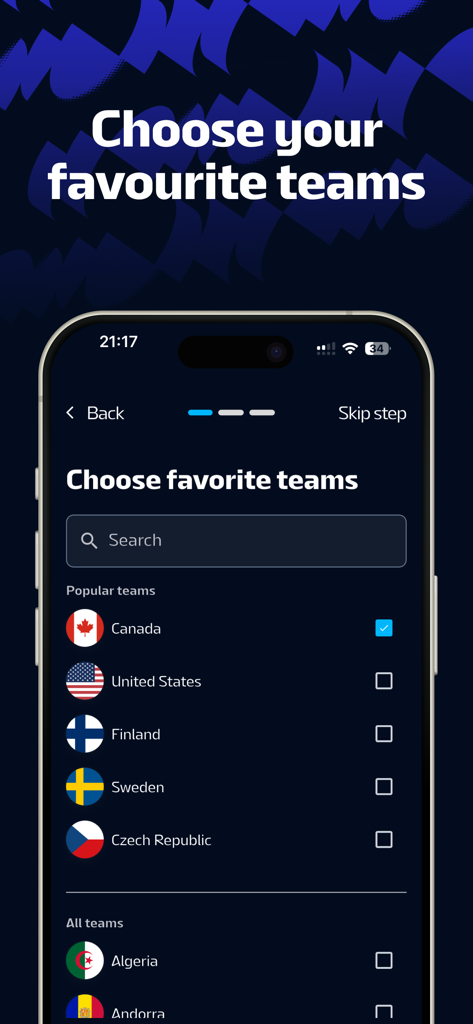 Pantalla que muestra la selección de equipos nacionales de hockey favoritos en la aplicación IIHF 2026