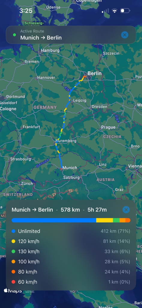 Map showing a route from Munich to Berlin with a detailed breakdown of speed limit zones and unlimited sections.