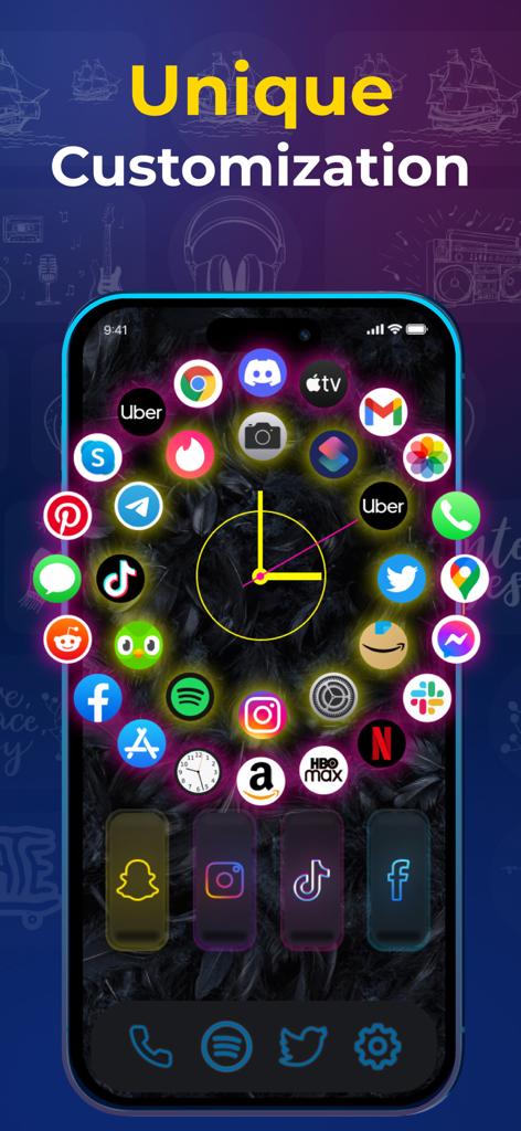 Color Widgets & Themes: Wiggle - Aesthetic iPhone home screen with glowing circular app icons and a central clock widget