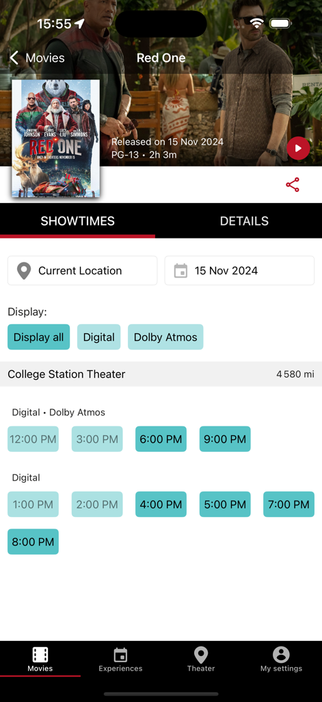 Interface of the College Station Theaters app displaying available showtimes for the movie Red One