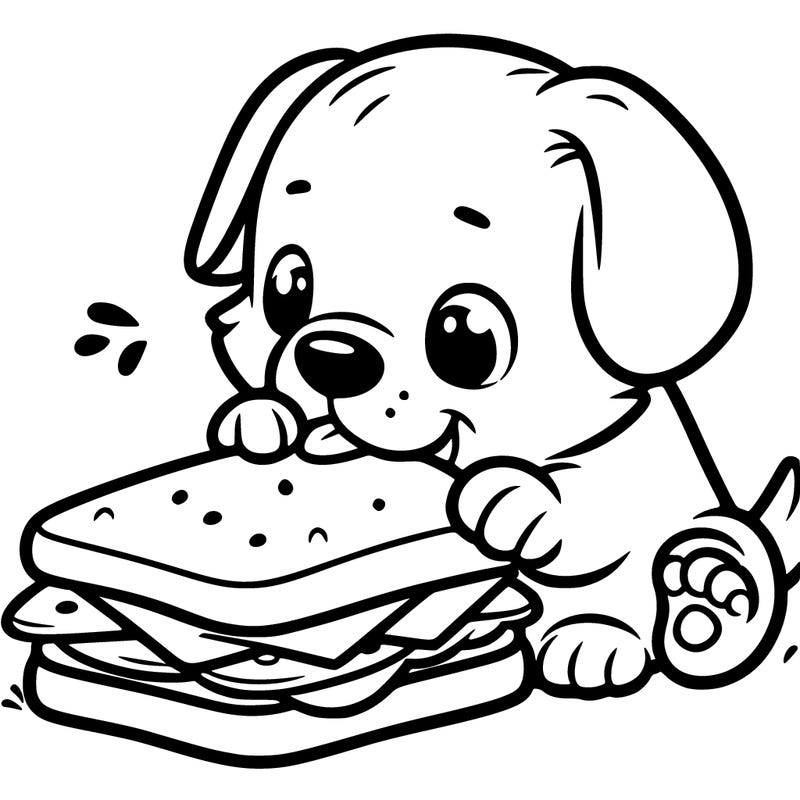 puppy trying to eat a large sandwich