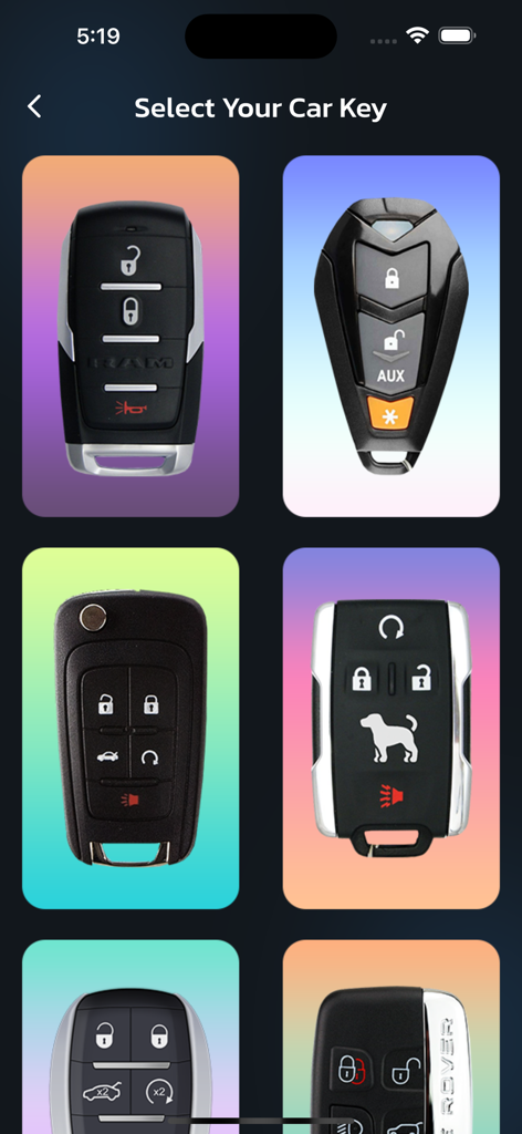 Car Engine & Horn Sounds - A menu displaying various realistic car key fobs to select engine and horn sounds