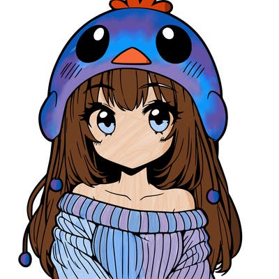 anime girl with chick shaped hat with sweater with bare shoulders with bangs covering them one eye with low tail