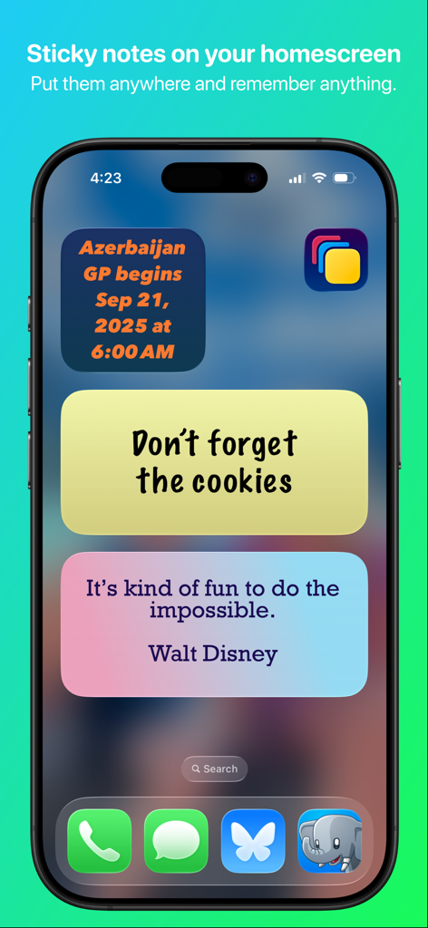 Sticky Widgets - A smartphone home screen showing various colorful sticky note widgets with custom fonts and colors.