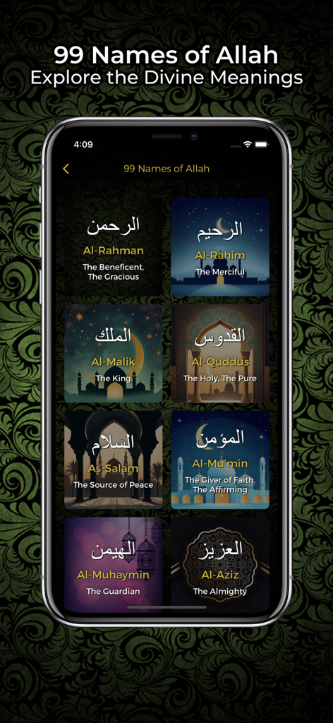 Screenshot of the 99 Names of Allah feature in the Prayer Times app showing Arabic names with English translations.