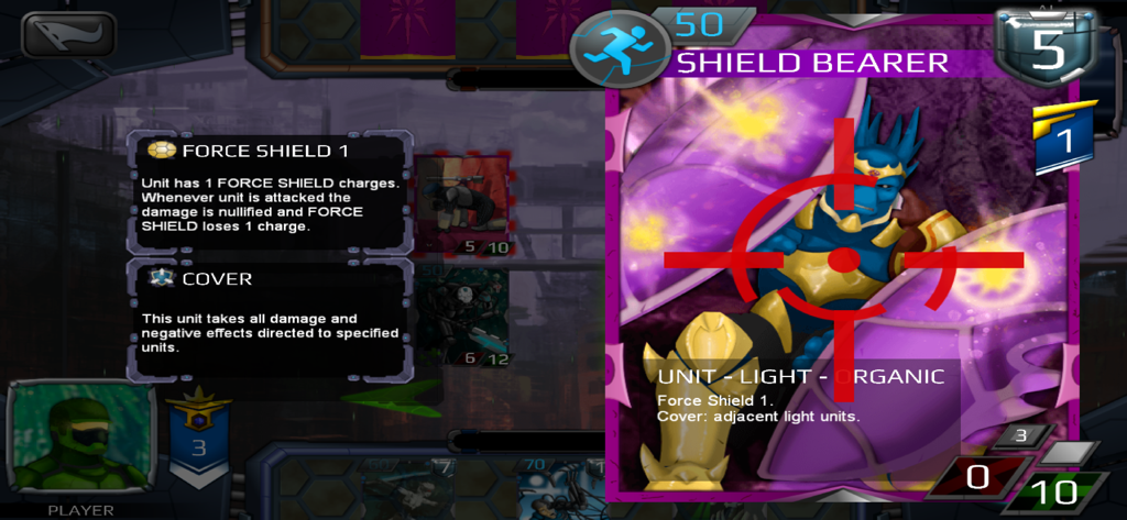BSoD CCG - A screenshot of BSoD CCG gameplay showing the Shield Bearer unit card with Force Shield and Cover ability descriptions