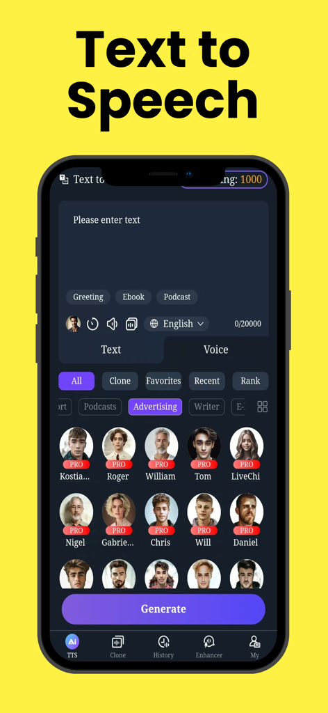 MicVoice Ai - Interfaz de la aplicación MicVoice AI para convertir texto a voz utilizando varias voces de IA