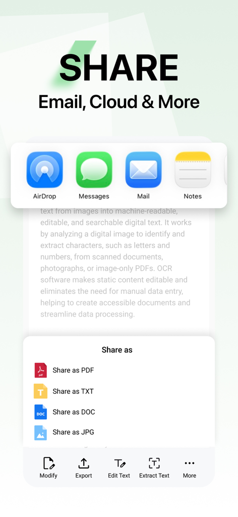 Lens pdf scanner: jpg to pdf - Interface of Lens PDF scanner app showing sharing options for PDF TXT DOC and JPG formats via email cloud or messages