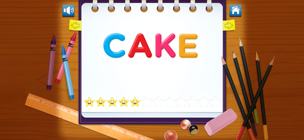 Spell, Write and Read - Educational app screen showing the word CAKE in colorful letters on a digital notebook with crayons and school supplies.