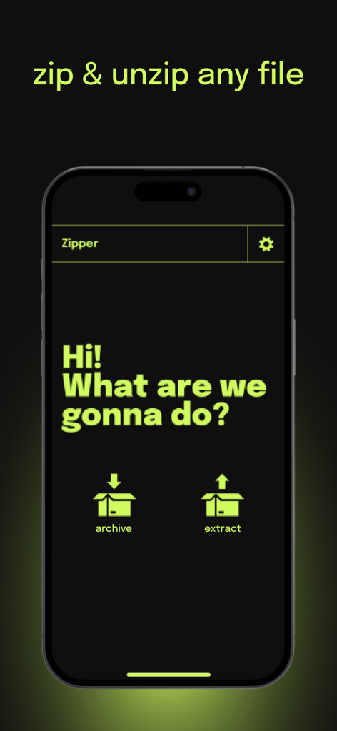 ZIP Extractor - UnZIP, UnRar - Tela inicial do aplicativo Zipper mostrando botões de arquivar e extrair em uma interface de usuário escura
