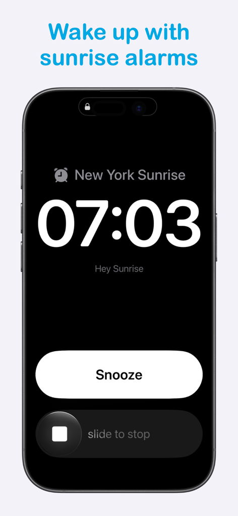 Sunrise Sunset: Times & Alarms - iPhone-Bildschirm mit einem Sonnenaufgangswecker für New York um 7:03 Uhr mit Schlummer- und Stoppoptionen