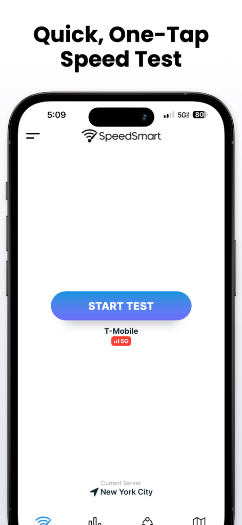 Speed Test SpeedSmart Internet - Interface de l'application SpeedSmart sur iPhone avec un bouton bleu « Démarrer le test » pour les tests de vitesse 5G et Wi-Fi