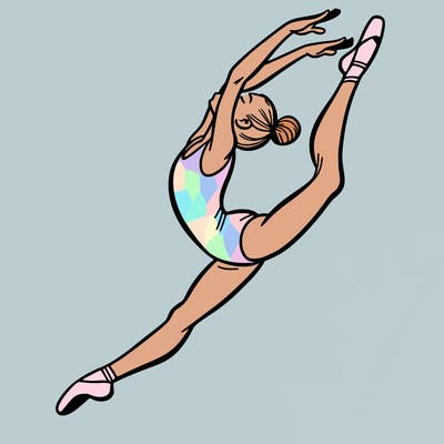 gymnast doing a leap in a leotard with a bent back leg