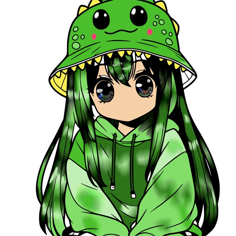 girl with anime shaped eyes with a dinosaur bucket hat oversized sweatshirt long straight hair