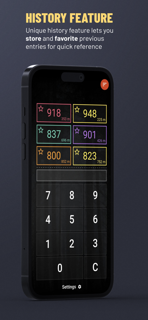 Interface of the HLL Artillery Calculator app showing stored and favorited distance entries on an iPhone.