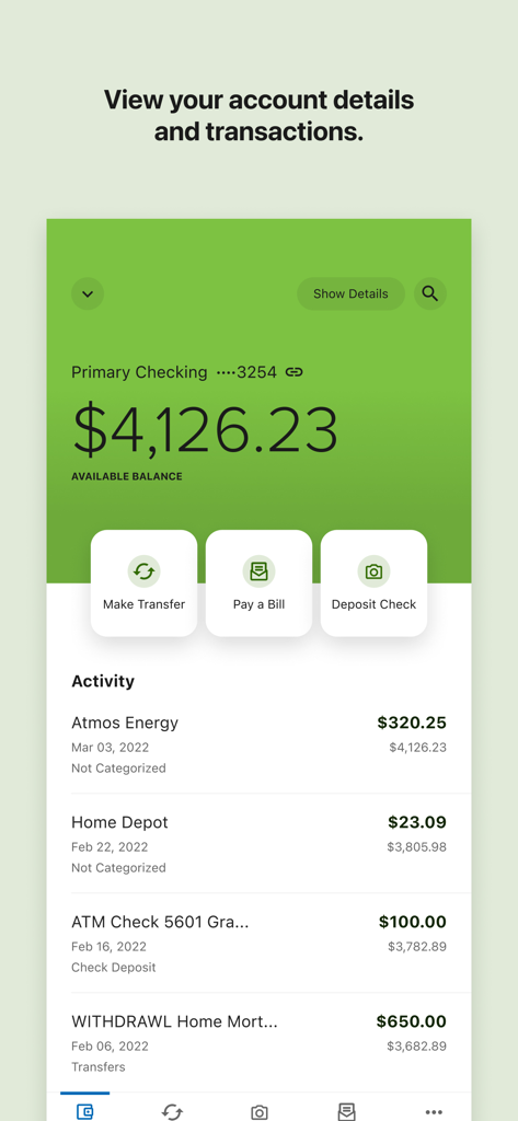 SCU Credit Union mobile app showing checking account balance and recent transactions