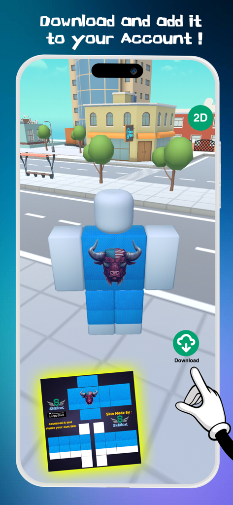 Skins For Roblox - SkiBlox - A Roblox character wearing a blue bull shirt with a download button in the SkiBlox app interface