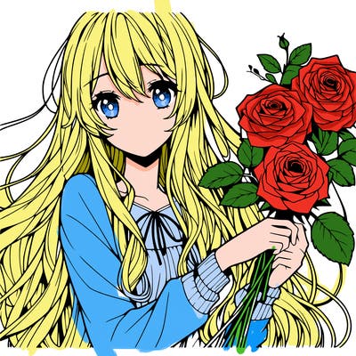 anime girl with long blonde hair with roses in her hand