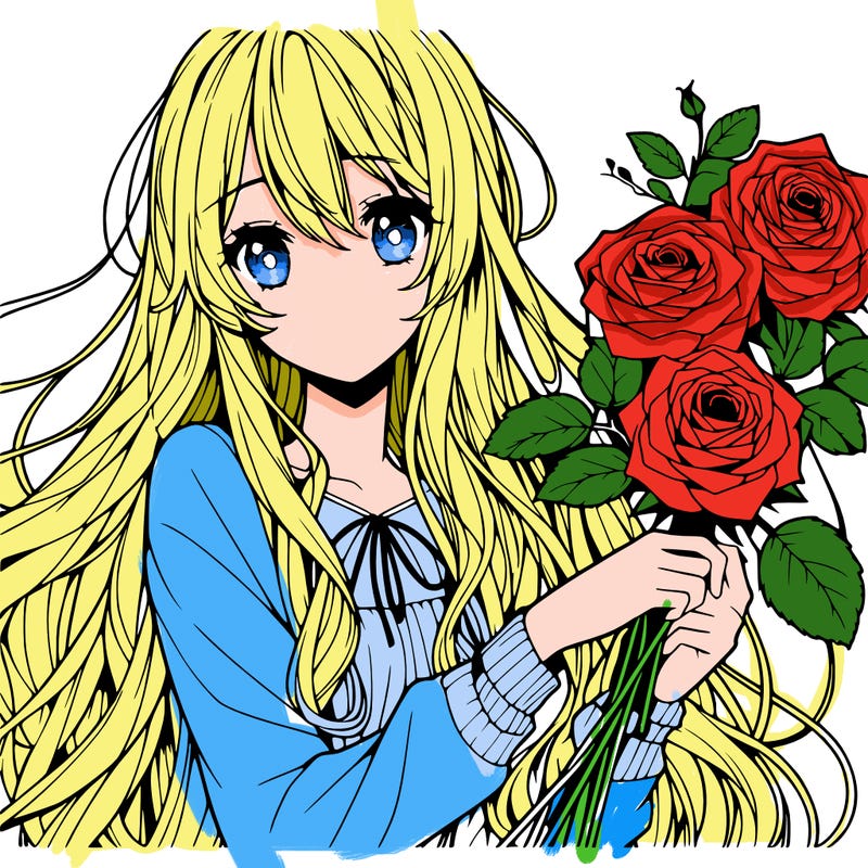 anime girl with long blonde hair with roses in her hand