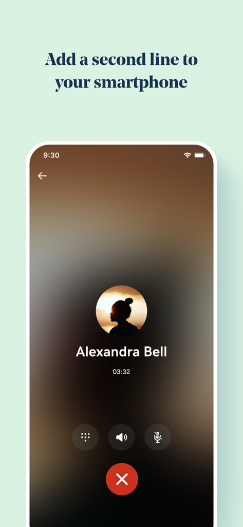 GoDaddy Conversations - Inbox - A smartphone screen showing an active business call using the virtual second line feature of the GoDaddy Conversations app.