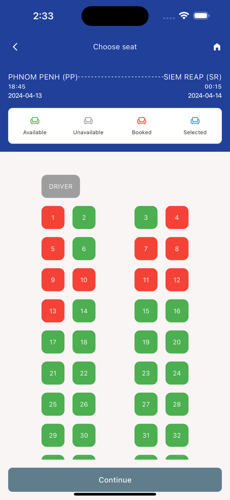 Seat selection screen in the eBooking Express app showing the bus layout with available and booked seats for a trip from Phnom Penh to Siem Reap