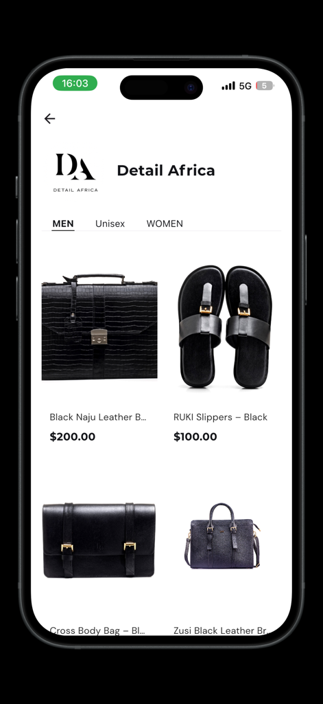 Stitches Africa - Detail Africa designer storefront on Stitches Africa app showing leather bags and slippers for men