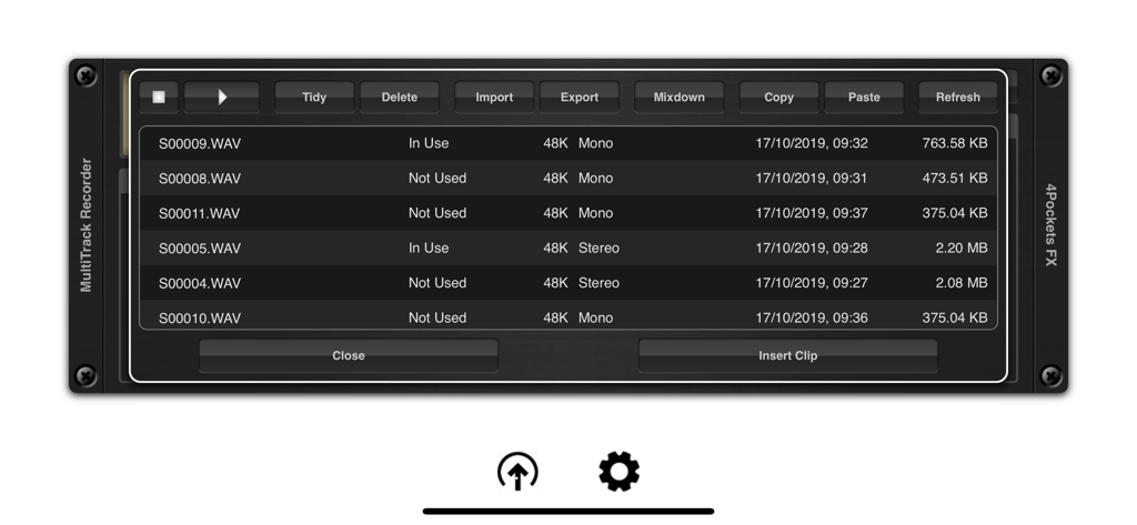 Audio pool interface displaying a list of recorded wav files with file management options