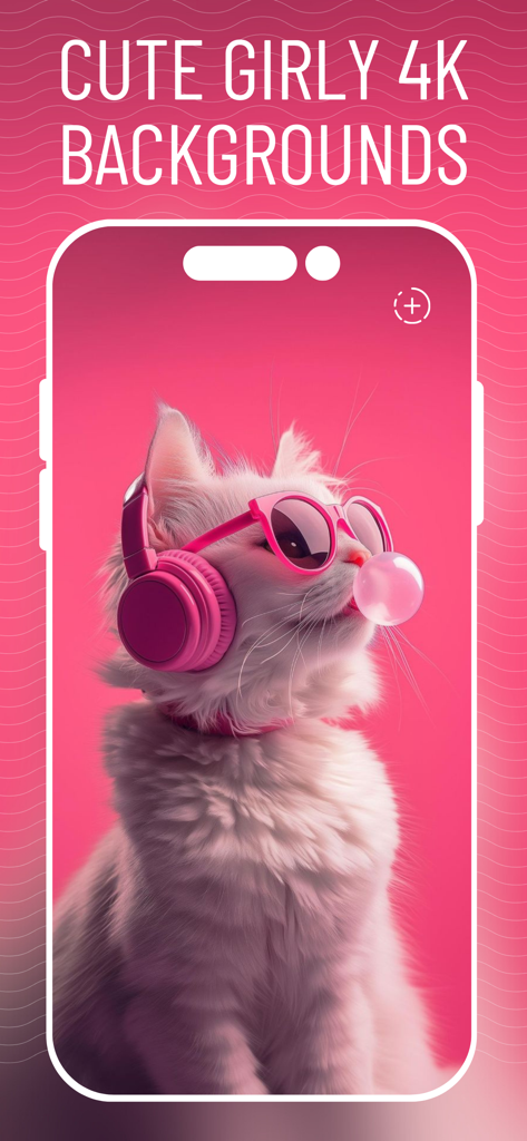 Girl Wallpaper 4K HD - Um gato branco usando fones de ouvido e óculos de sol cor-de-rosa soprando uma bolha em um fundo rosa