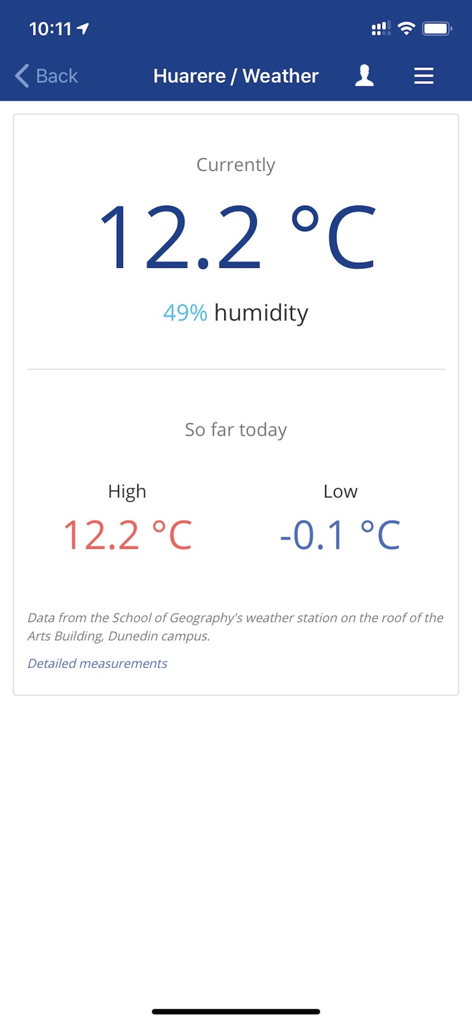 University of Otago app weather screen showing local Dunedin campus temperature and humidity